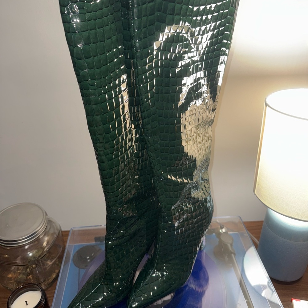 Green Croc-Embossed Knee-High Boots